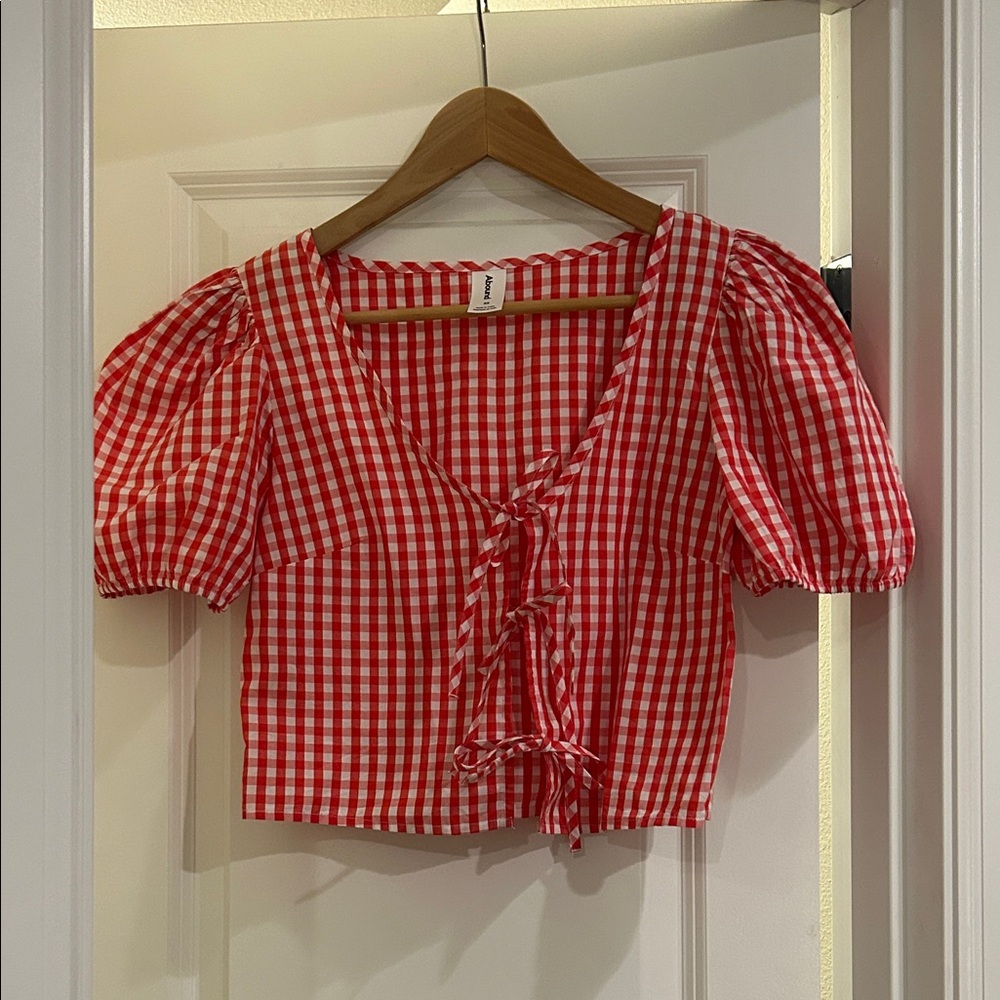 Nordstrom Abound Red Gingham Puff Sleeve Blouse